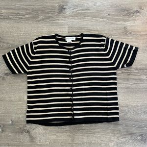 Jones New York vintage short sleeve cardigan sweater black beige striped small